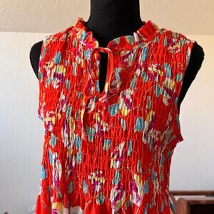 Rose & Olive Sleeveless chiffon floral babydoll top sz L shirred ruffles boho
